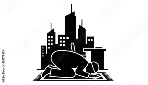 Silhouette icon of a Muslim person praying. Islamic faith and worship concept with a city skyline background. Minimalist flat design vector illustration