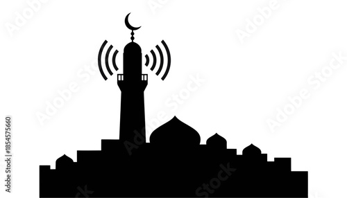 Mosque silhouette icon representing the Adhan. Islamic call to prayer symbol with sound waves. Minimalist flat vector illustration