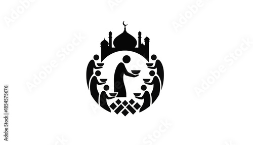Zakat and charity icon representing Islamic community support. A minimalist silhouette illustration of giving food to the poor. Vector graphic with a mosque isolated on a transparent background