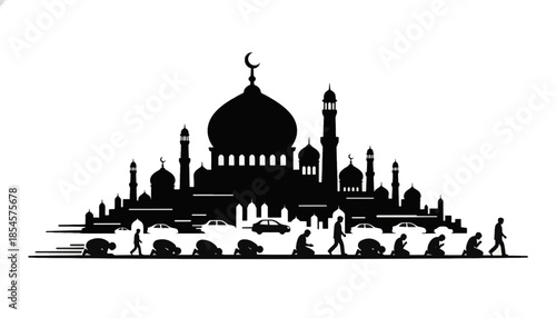 Silhouette of Muslim men praying in a city with a mosque skyline. Islamic prayer and urban life concept. Black vector illustration isolated on a transparent background