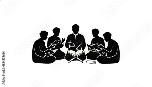 Silhouette of a teacher and students studying the Quran. Islamic education in a madrasa or halaqa. Minimalist vector illustration
