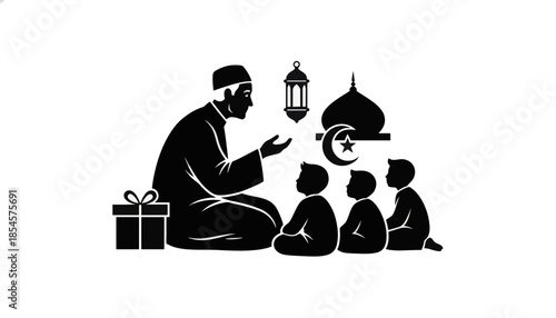Silhouette of a Muslim teacher sharing stories with children. Islamic education and Ramadan celebration concept. Flat black and white vector graphic