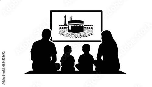 Silhouette of a Muslim family watching the Hajj pilgrimage on a screen. Islamic faith and tradition concept. Minimalist black vector illustration