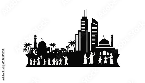 Silhouette of an Islamic Eid celebration. Vector illustration of a cityscape blending a traditional mosque with modern skyscrapers. Muslim community festival 