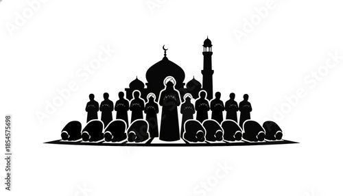 A silhouette of a Muslim community praying at a mosque. Islamic congregational prayer vector illustration. Flat design graphic for Ramadan and religious concepts