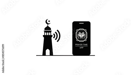 Islamic prayer time app vector icon. Minimalist silhouette illustration of a mosque minaret and a smartphone. Modern technology for Muslim adhan notification concept