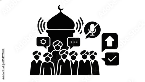 Islamic community communication icon. Flat silhouette vector illustration of a mosque, crowd, and speech bubbles. Concept for religious sound regulation and public discussion.