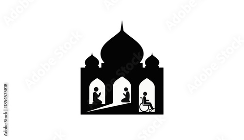 Accessible mosque silhouette icon. Islamic prayer hall with wheelchair access symbol. Minimalist flat vector illustration for inclusion and disability