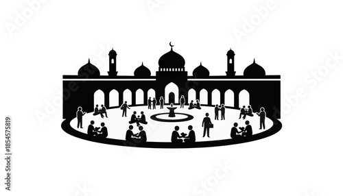 A black silhouette of an Islamic mosque courtyard as a center of social life. Vector illustration of a Muslim community gathering. Minimalist graphic symbol