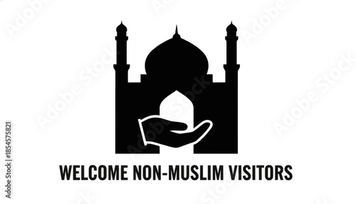 Mosque welcome icon for non-muslim visitors. Black silhouette of an Islamic building with a hand gesture. Vector graphic for interfaith open house events.