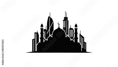 Black silhouette of an Islamic mosque and modern city skyline. Flat vector graphic icon. Urban architecture illustration