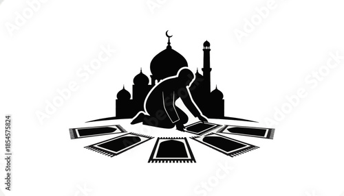 Silhouette of a Muslim praying at a mosque. Islamic vector illustration for Ramadan and Eid. Religious worship and faith symbol