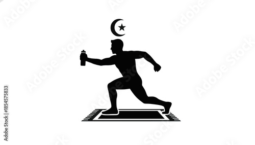 Black silhouette of a Muslim athlete training during Ramadan. Islamic fitness and workout concept with a prayer rug. Minimalist vector icon illustration