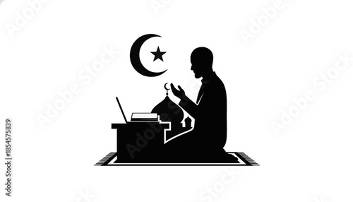 A silhouette of a Muslim man praying at a desk with a laptop. Islamic faith and modern professional life concept. Flat vector illustration