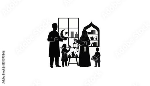 Silhouette of a Muslim family preparing for Ramadan. Islamic holiday celebration concept with traditional symbols. Flat vector illustration isolated on a transparent background