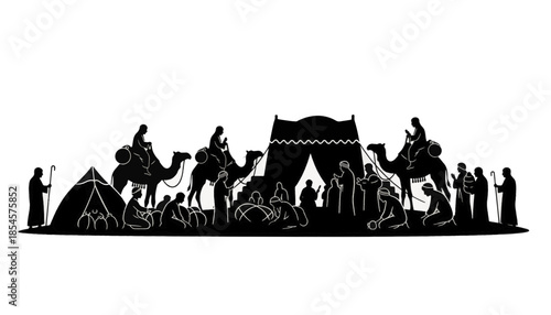 Silhouette of a historical pilgrimage or desert caravan. Islamic Hajj or biblical scene with people, camels, and tents. Black vector graphic illustration