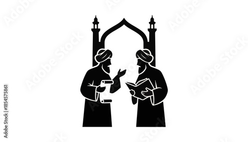 Silhouette of Islamic scholars in a theological debate. Historical religious education and philosophy concept. Black and white flat vector icon