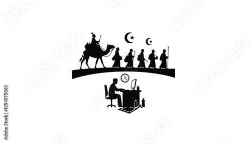 Silhouette illustration of Islamic history and modern life. A conceptual graphic contrasting an ancient caravan journey with a person working during Ramadan. Minimalist flat vector design