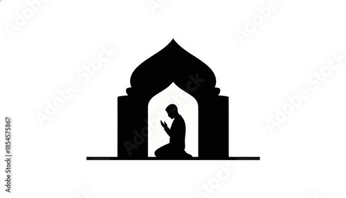 Silhouette of a Muslim man praying in a mosque. Islamic prayer vector icon. Symbol of faith for Ramadan and religious worship.