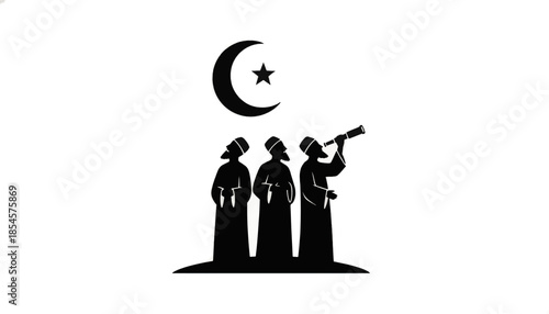 Islamic moon sighting silhouette icon. Ramadan and Eid tradition vector illustration. Scholars observing the crescent moon with a telescope