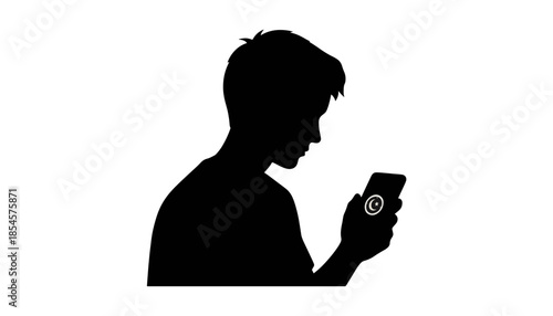 Black silhouette of a Muslim man using a smartphone app. Islamic prayer time and modern faith concept. Minimalist flat vector illustration