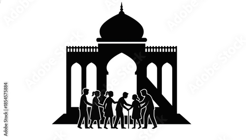 Silhouette of a community helping elders at a mosque. Islamic concept of family, care, and support. Flat vector illustration