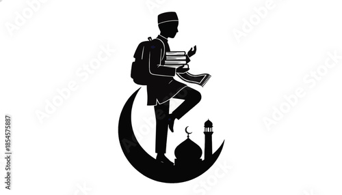 Silhouette of a Muslim student balancing education and faith. Islamic vector illustration of a boy with books on a crescent moon with a mosque. Conceptual graphic of religion and knowledge