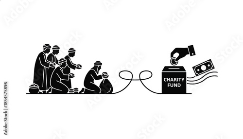 Zakat and Islamic charity vector illustration. Silhouette icon of donating money to a charity fund for the poor