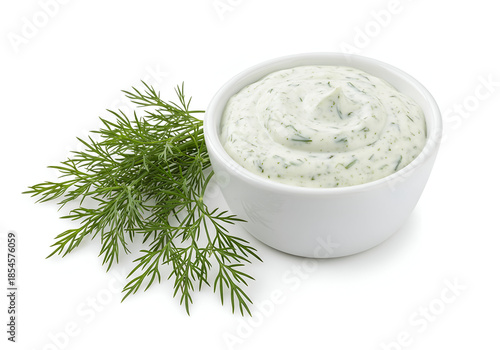 cream dill sauce in white bowl used as condiment or dip for enhancing flavor
