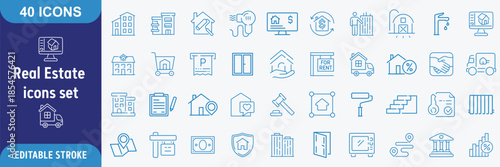 Real Estate Line Icon Set. Property, Housing, Real Estate Investment, Mortgage, Rent, Transactions, Building Types, Amenities Icons. Editable Outline Stroke. Vector Illustration