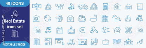 Real Estate Line Icon Set. Property, Housing, Real Estate Investment, Mortgage, Rent, Transactions, Building Types, Amenities Icons. Editable Outline Stroke. Vector Illustration