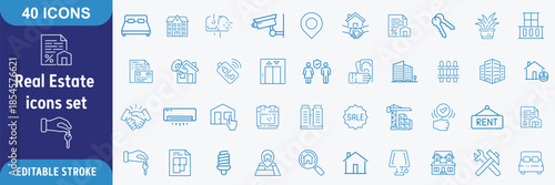 Real Estate Line Icon Set. Property, Housing, Real Estate Investment, Mortgage, Rent, Transactions, Building Types, Amenities Icons. Editable Outline Stroke. Vector Illustration
