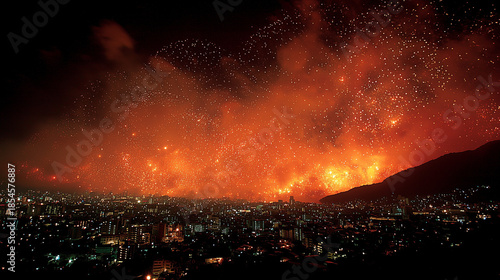 Amazing of fireworks effect fantasy over the sky , red and orange color tone , background image.