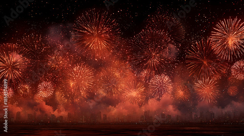 Beautiful lot of fireworks red and orange colorful over the city at night black sky  , epic background celebration image.
