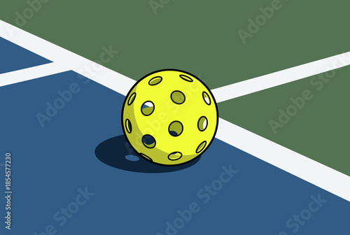 Bright Yellow Pickleball on a Blue and Green Court Surface