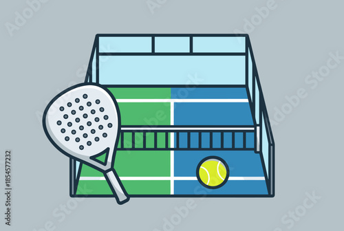 Padel Tennis Court with Racket and Ball in Flat Design Illustration