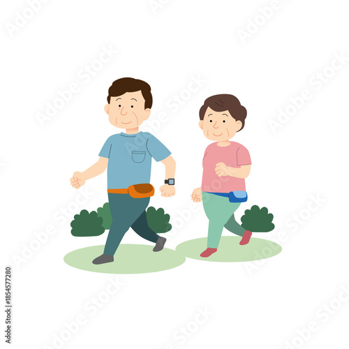 wウォーキングをする中高年夫婦のイラスト