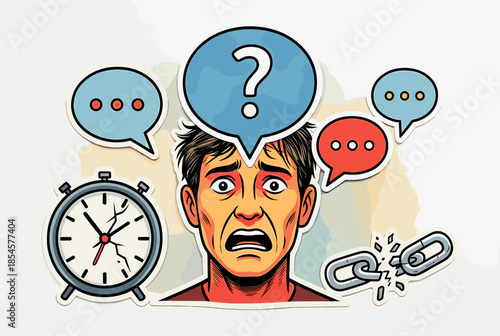 Stressed Man Overwhelmed by Questions, Time Pressure, and Broken Communication