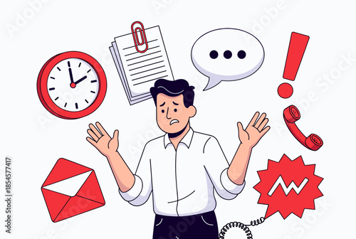 Overwhelmed Businessman Dealing with Multiple Tasks and Work Pressure