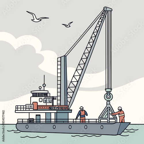 Offshore wind farm installation vessel with crane and workers 1