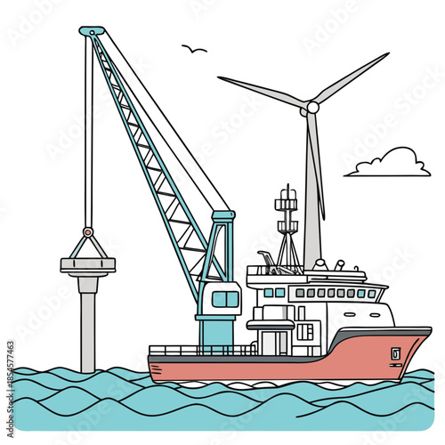 Offshore wind farm installation ship with crane and turbine