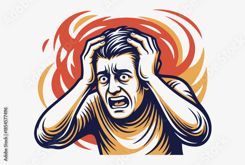 Panicked Man Holding Head in Despair Amidst Swirling Red Shapes