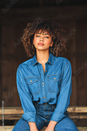 Studio Portrait of a Person with Curly Hair and a Blue Shirt