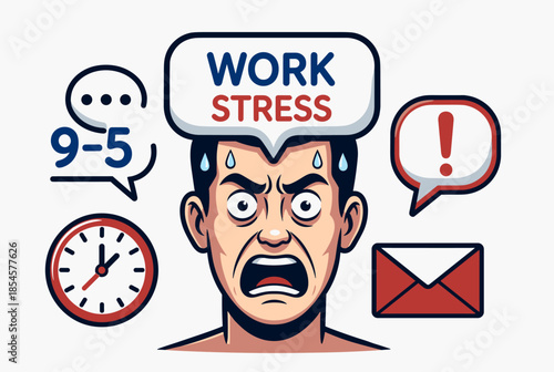 Overwhelmed Man Experiencing Intense Work Stress Surrounded by Pressure Icons