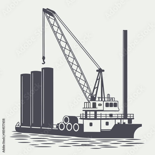Wind energy construction ship with crane boom and cylindrical 1