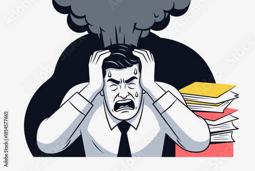 Overwhelmed Businessman Experiencing Extreme Stress and Burnout