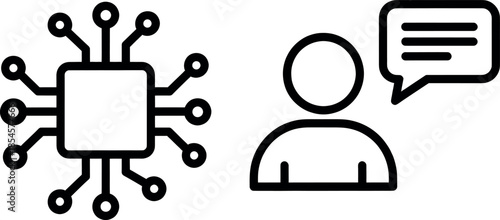 A black line icon depicting a microchip with a person and a speech bubble on a