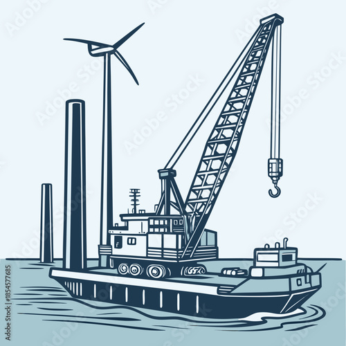 Wind energy construction ship with crane boom and hook