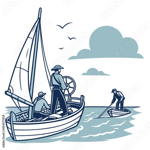 Blue of men on sailboat and rowboat on water 1