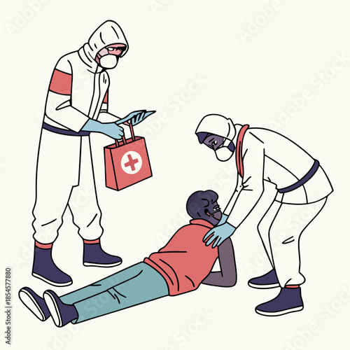 Medical workers in protective suits helping a person lying on the ground 1